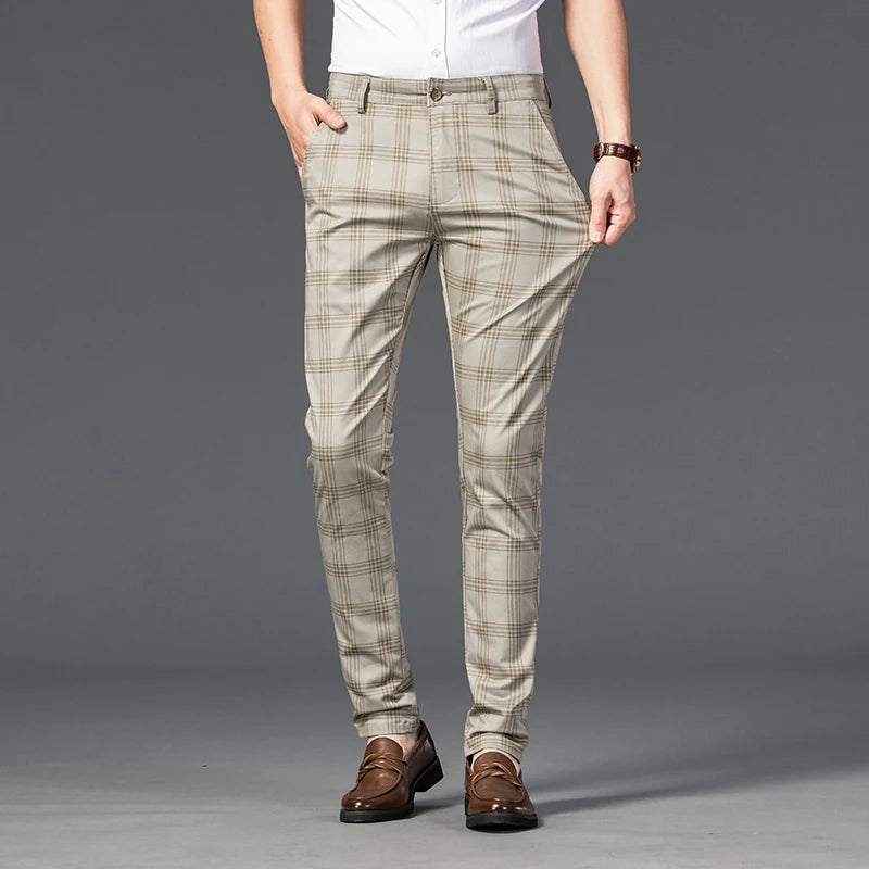 2025 Spring New Men's Plaid Casual Pants Business Fashion Slim Stretch Male Skinny Trousers Brand Clothes 7 Color