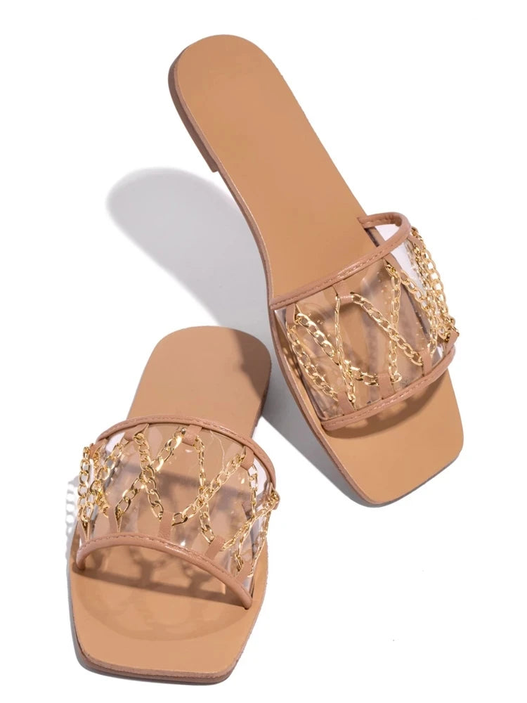 Women 2021 Summer Square Heel Metal Decoration Cross-tied Slides Ladies Flat Transparent Female Casual Outdoor Sandals Slippers