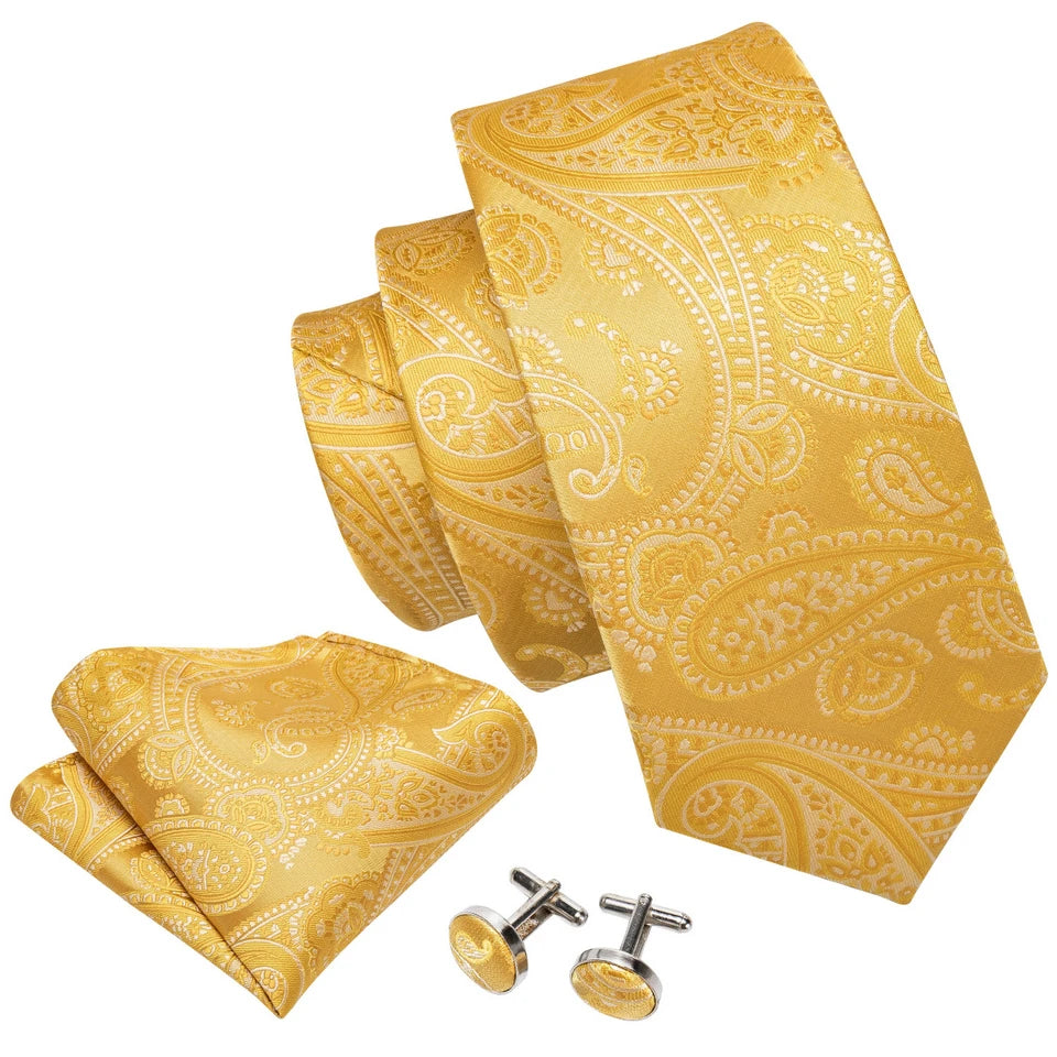 Free Shipping Men's Yellow Tie  Wedding Necktie and Pocket Square Cufflinks Set Paisley