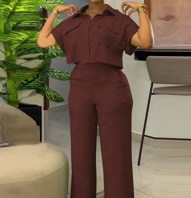 Women's Summer Casual Lapel Short Sleeve Shirt Wide Leg Pants 2 Pieces