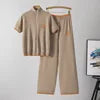 Luxury Anti-Wrinkle Embroidery Zipper Set Summer New Color Contrast Mandarin Collar Short-sleeved Knitted Women
