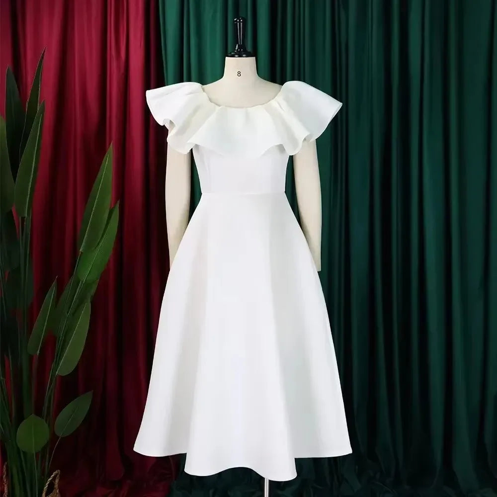 Plus Size Summer Fashionable and Elegant Solid Color Ruffle Edge Banquet Mid Length Large Swing Dress Plus Size Women'S Dress