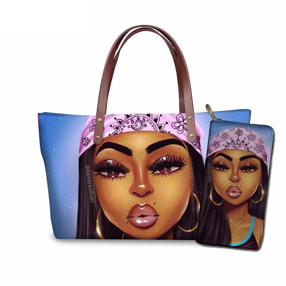 High Quality Latest Custom Pattern Women Hand Bags Black Art African Girls Printed Top Handle Tote Bag Luxury Purse for Ladies