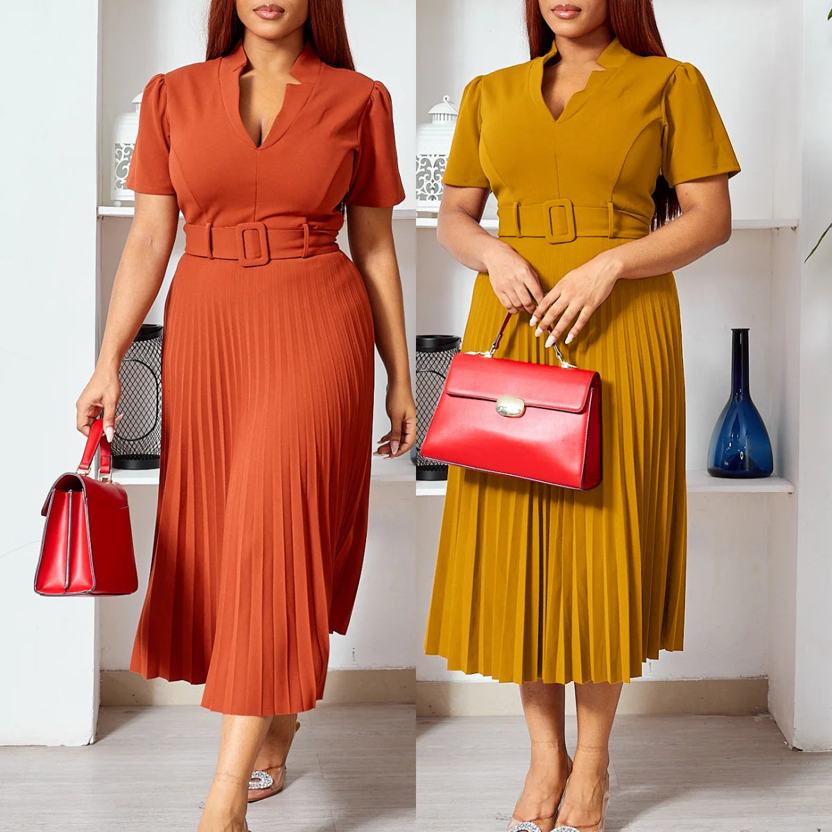 D563 Latest Design Summer Dresses Women Casual Short Sleeve V-neck Pleated Office Lady Dress Elegant African Dresses