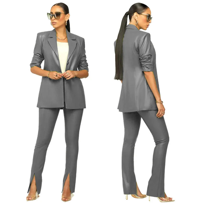 PU Leather Office Lady Women 2 Piece Set Notch Neck Blazer High Waist Pants Matching Set Autumn Work Wear Slim Tracksuits 10%