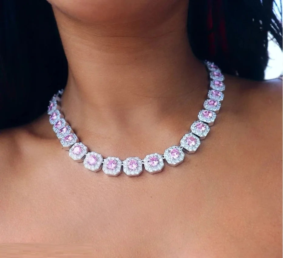 Iced Out Bling pink Diamond Hip Hop Women Charm Jewelry Geometric square Cubic Zirconia Cz Cluster Tennis Necklace