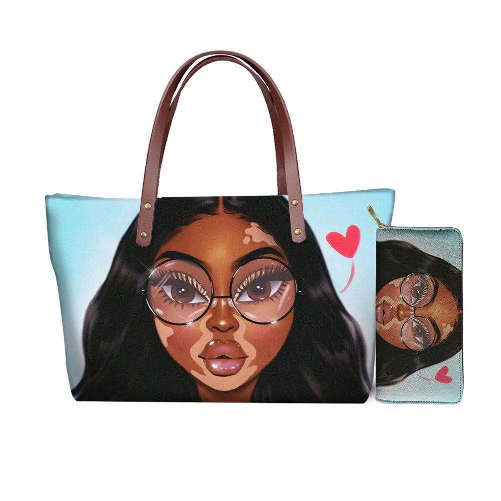 High Quality Latest Custom Pattern Women Hand Bags Black Art African Girls Printed Top Handle Tote Bag Luxury Purse for Ladies