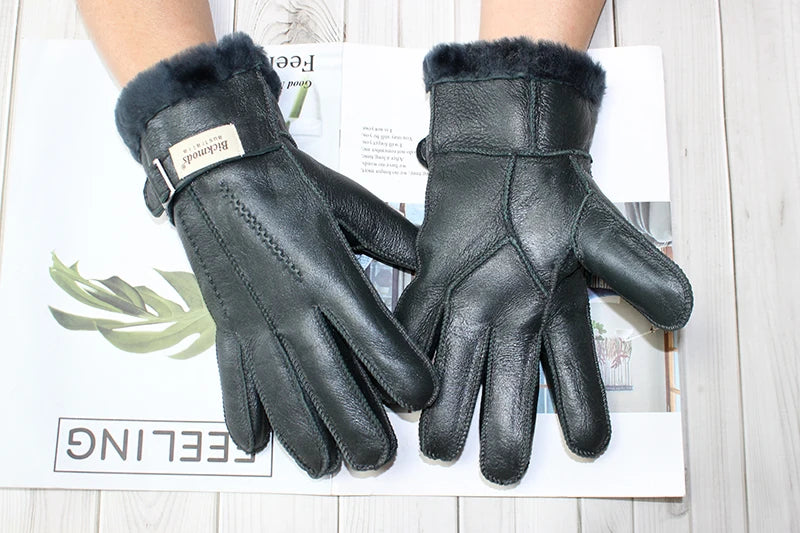 Sheepskin Fur Gloves Men's Thick Winter Warm Large Size Outdoor Windproof Cold Hand Stitching Sewn Leather Finger Gloves