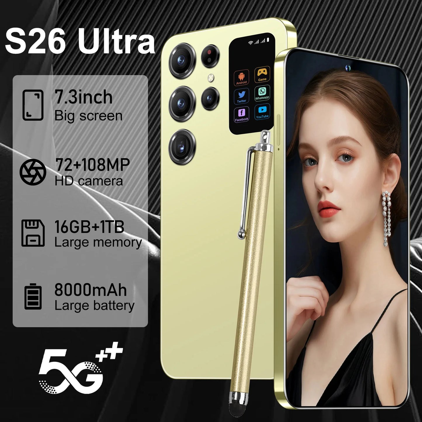 Face Recognition Unlock Original S26 Ultra 5G Smart Mobile Phone 7.3-inch HD Screen 16GB RAM+1TB Storage Deca Core Processor