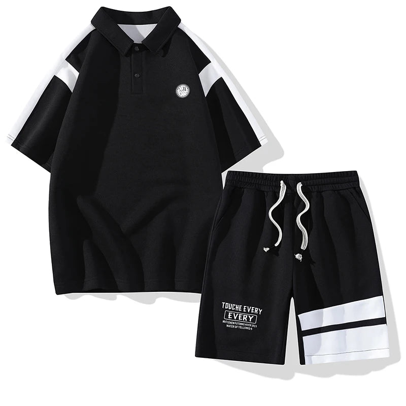 ANZKTN Summer Men's POLO Hoodie Set Trend Loose Student Casual Sports T-shirt