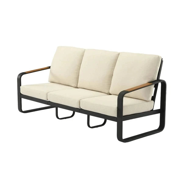 Outdoor 3 Seater Sofa Tall Back 62cm Oversized Seat Black Metal Frame Wood Armrests PET Fabric Cushions 330 LBS Patio Furniture