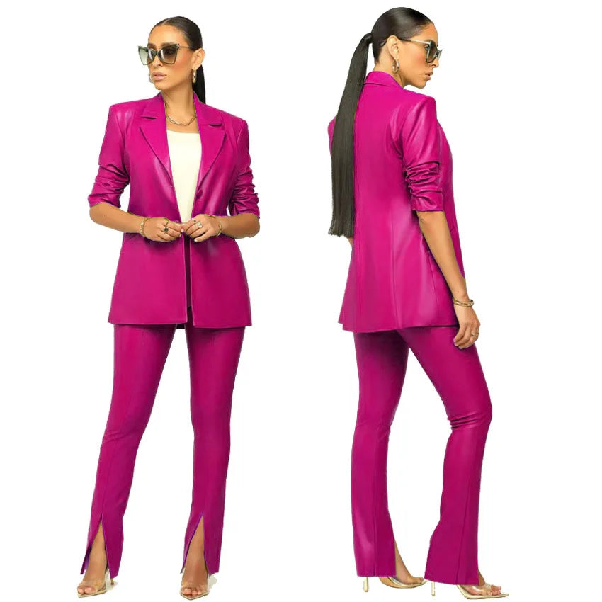 PU Leather Office Lady Women 2 Piece Set Notch Neck Blazer High Waist Pants Matching Set Autumn Work Wear Slim Tracksuits 10%