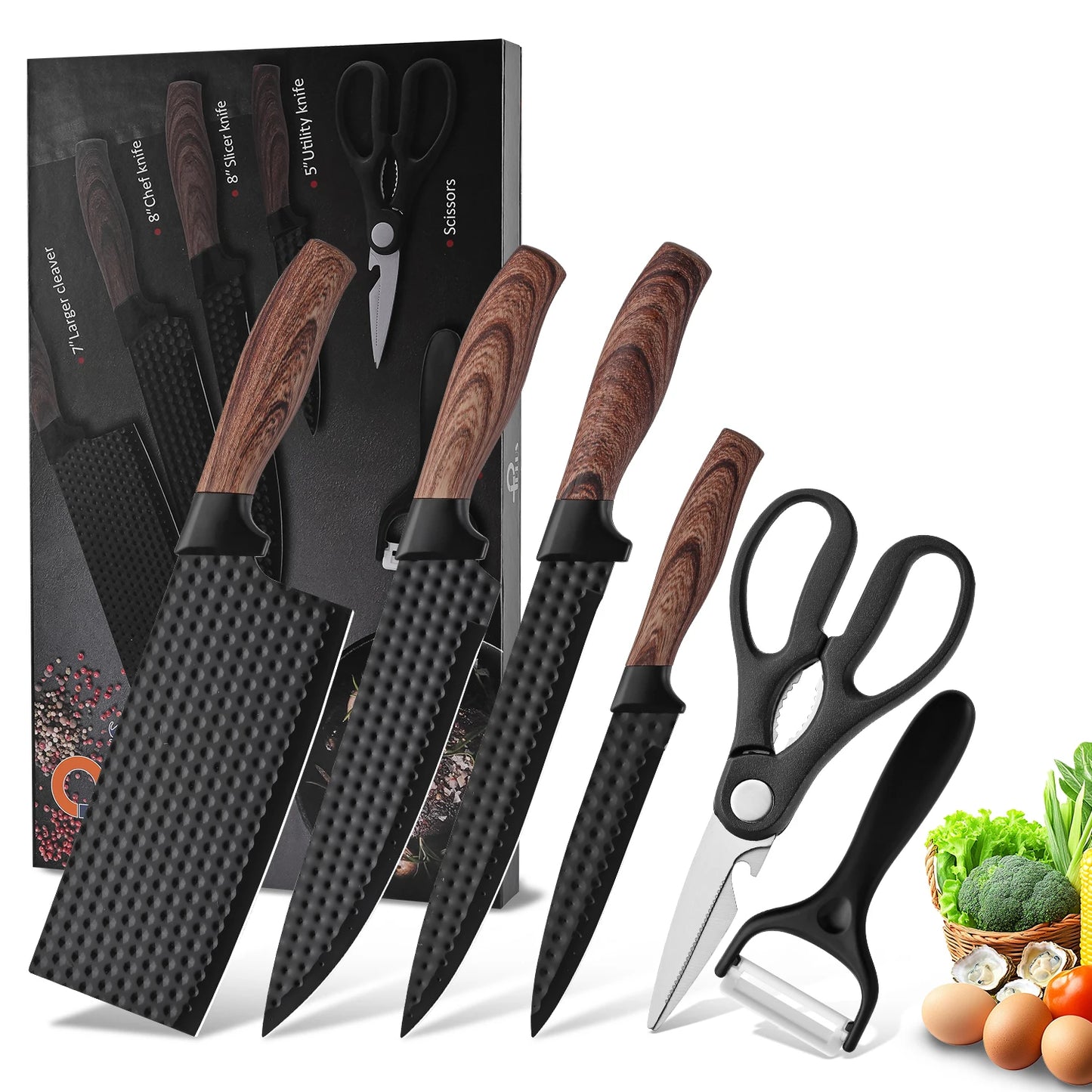 Professional Household Stainless Steel Kitchen Knife Set Six-Piece Chef Knife Set with Scissors Peeler