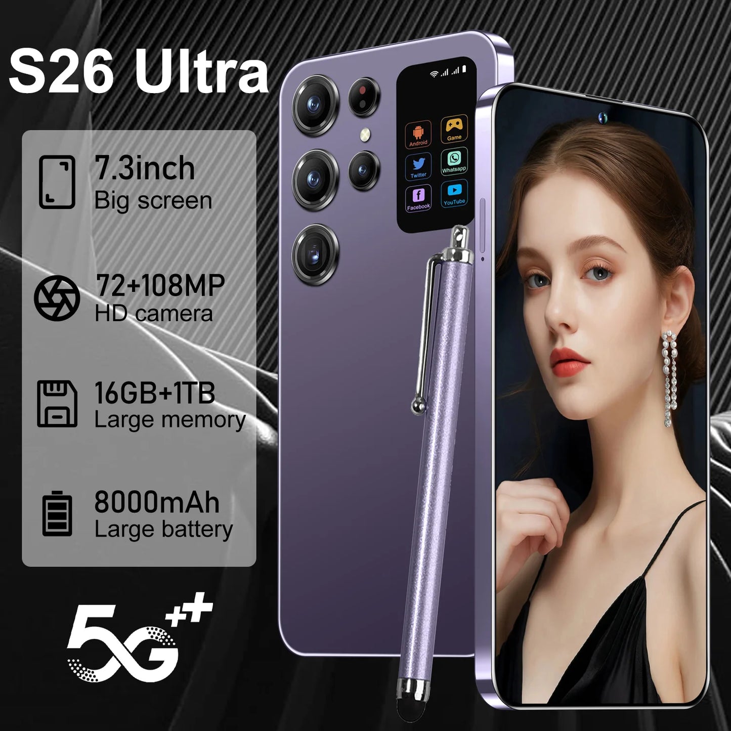 Face Recognition Unlock Original S26 Ultra 5G Smart Mobile Phone 7.3-inch HD Screen 16GB RAM+1TB Storage Deca Core Processor