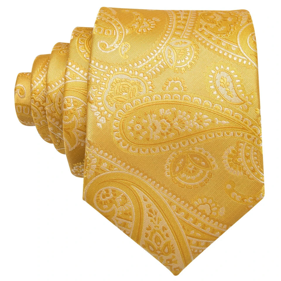 Free Shipping Men's Yellow Tie  Wedding Necktie and Pocket Square Cufflinks Set Paisley