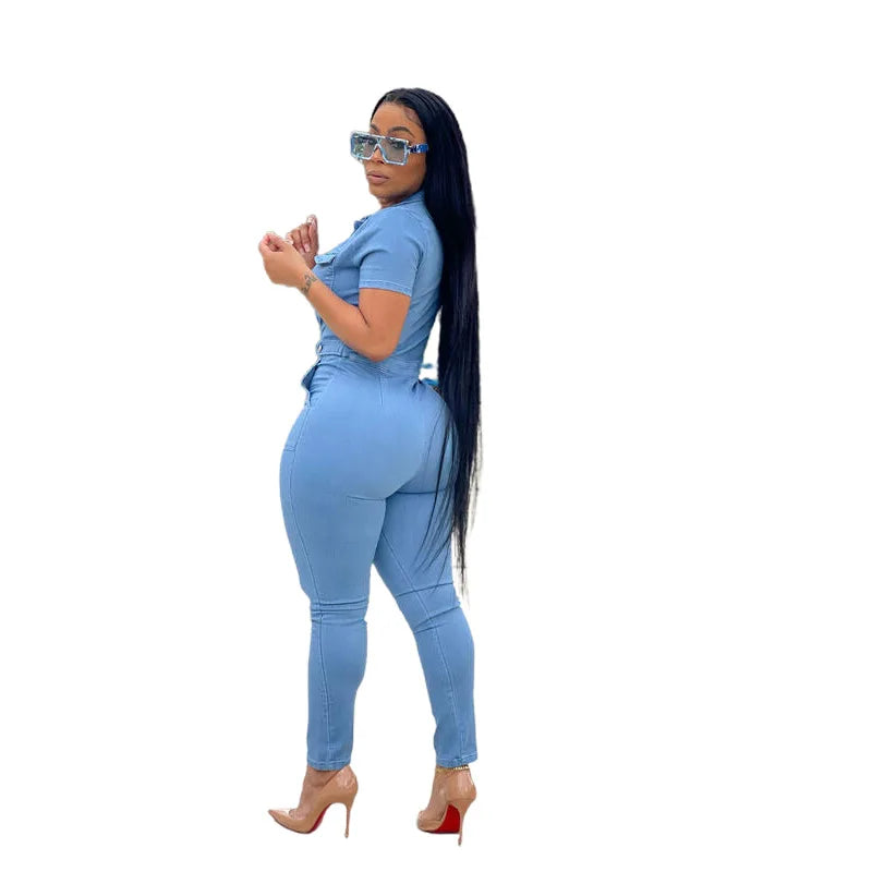 Autumn and Winter New Hotsale Ebay Women's Short-sleeved Casual Women's Denim Jumpsuit Jean Pants