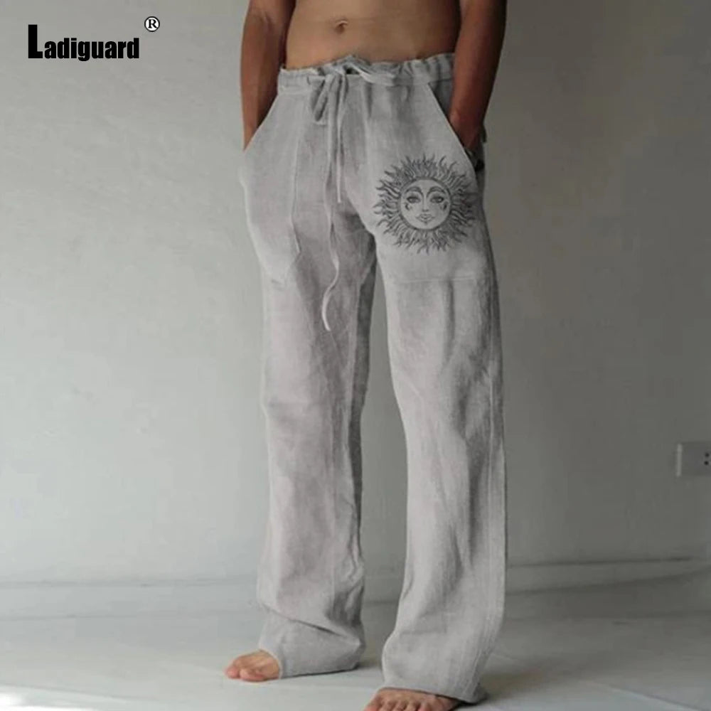 Plus Size 5xl Mens Loose Pants 2025 Summer Casual Linen Pants Male Fashion Print Trouser Men Patchwork Drawstring Leisure Pant