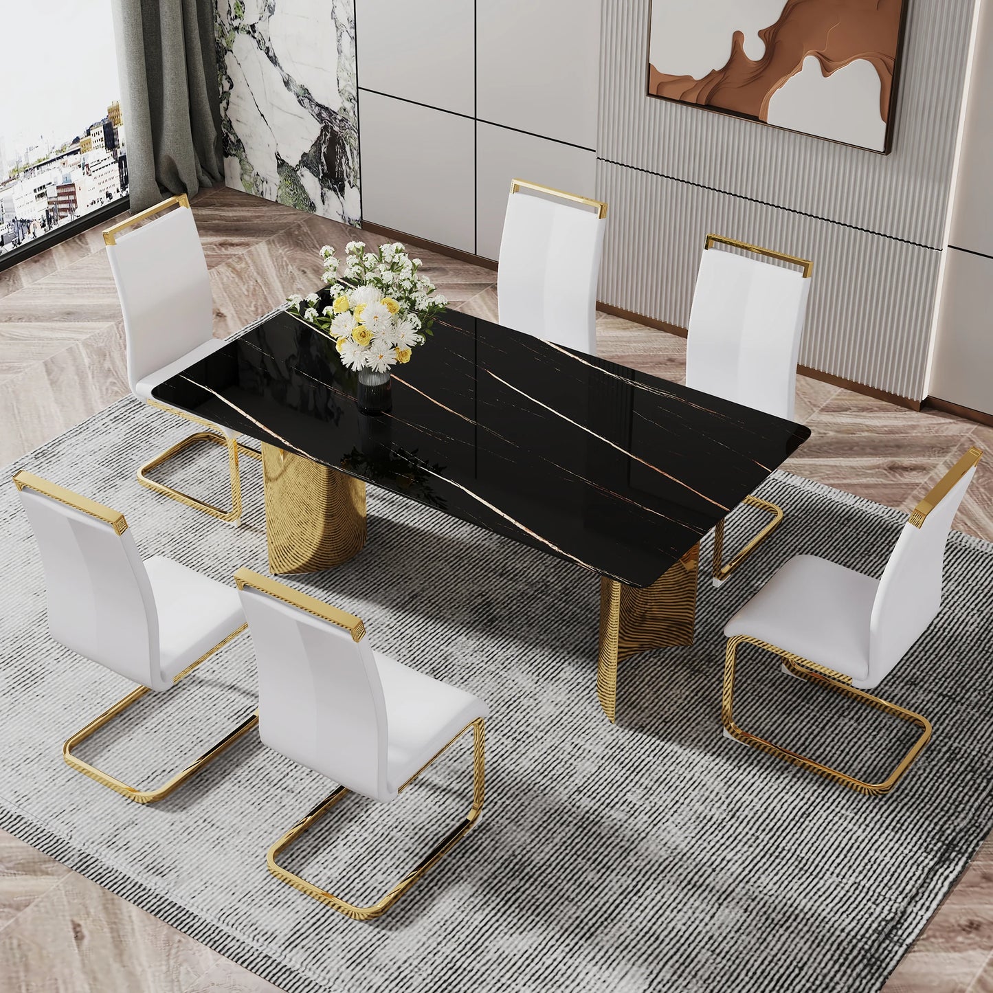 Modern Minimalist Square Dining Table with Black Patterned Glass Top Golden Metal Legs for Home Furniture Apartments Restaurants