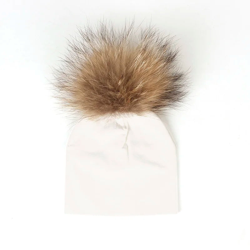 Geebro 0-3 Month Baby Boys Soft Cotton Real Fur pompom Beanies Hats For Newborn Girls Spring Autumn Kids Infants Toddler Hats