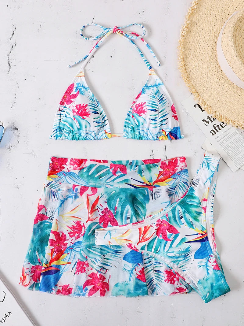 Bikini 2022 Skirt Swimsuit Women Print Swimwear Female Halter String 3 Pieces Set Sexy Bathing Suit Swimming Suit