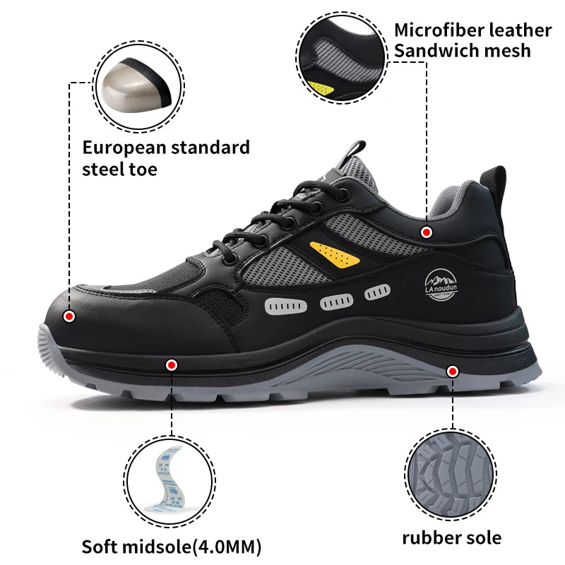Lanoudun Black Industrial Safety Shoes For Men Steel Toe Puncture Resistant EN Standard Cap Microfiber