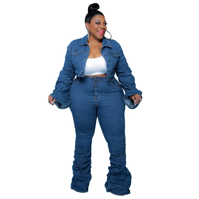 Denim Plus Size Sets Women 2 Piece Set Puff Long Sleeve Jacket Stretch Stacked Jeans Fall Winter Clothes Wholesale Dropshipping