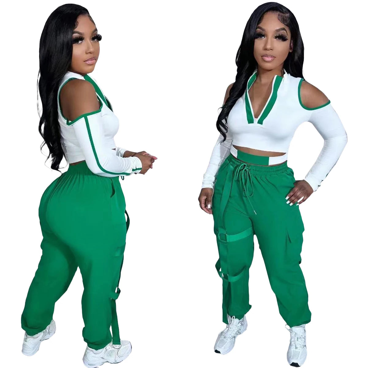 2023 New Summer Fashion Stitching Hollow Out Cold Shoulder 2 Piece Pant Set