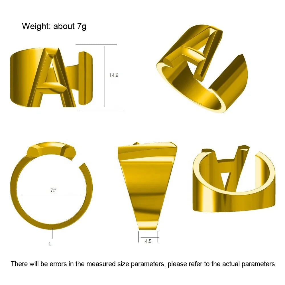 Letter Ring A-Z  26 Capital Letters Plated  Real 18K Gold Opening Adjustable Man Women Fashion Jewelry Rings
