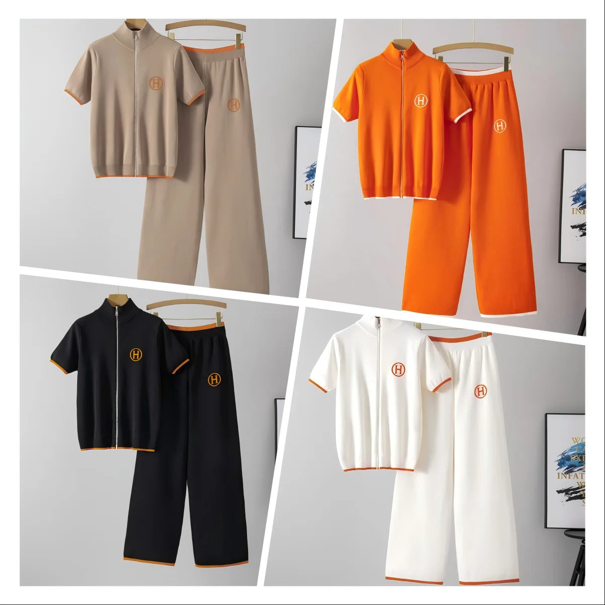 Luxury Anti-Wrinkle Embroidery Zipper Set Summer New Color Contrast Mandarin Collar Short-sleeved Knitted Women
