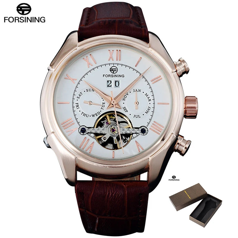 Men's Mechanical Wrist Watch Auto Date Week Month Display Rose Gold Roman Numerals Leather Band 22mm Width Analog Brand Name