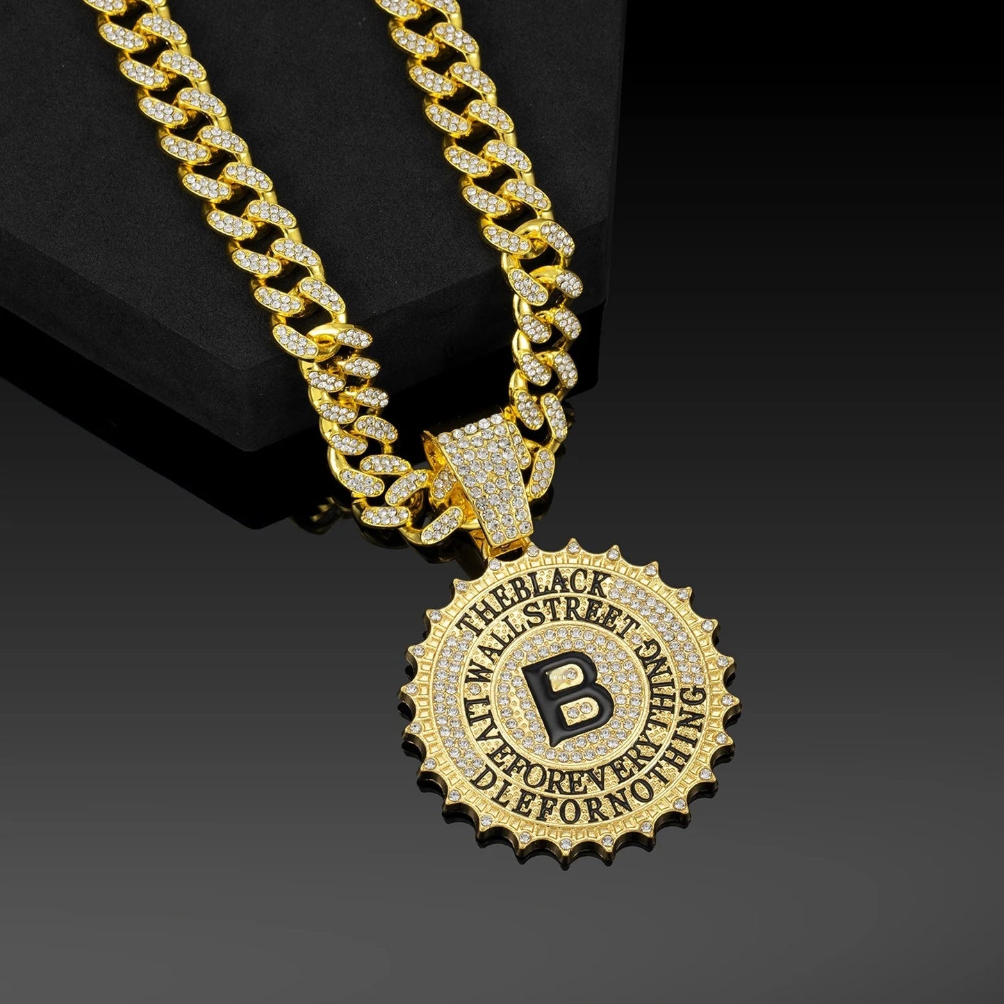 CJH Hip Hop Brand Men's Full Diamond Cuban Necklace Round B Diamond Letter Pendant Long Chain for Gift Cross-Border Supply