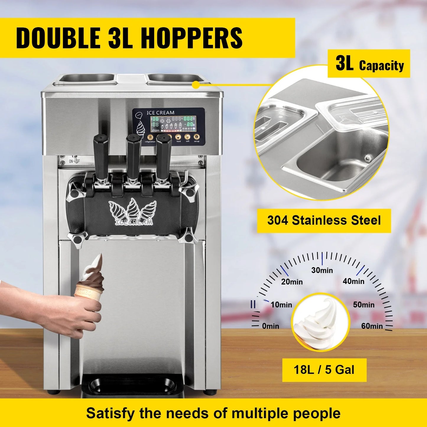 VEVOR 1200W A168  Compressor Ice Cream Maker 4-Nozzle LCD Panel Machine for Yogurt and Milk 3 Flavors New Condition