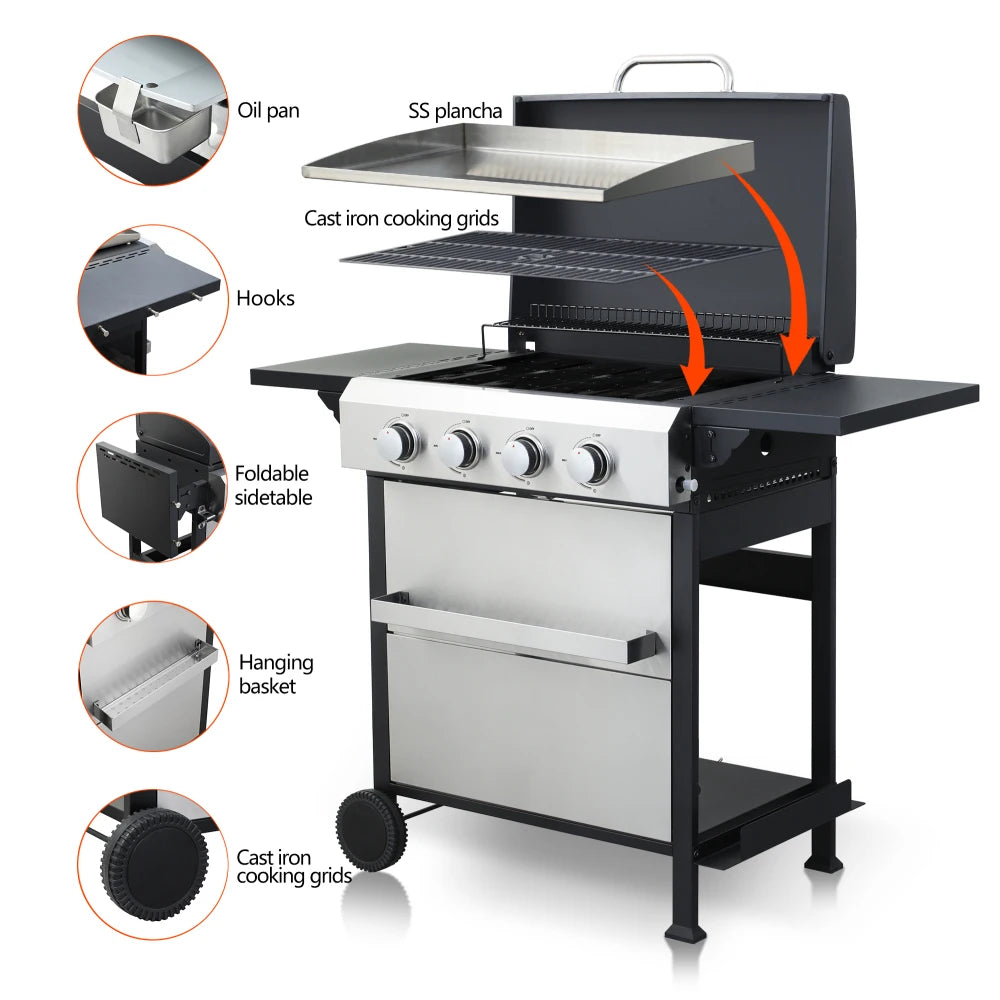 4-Burner Propane Gas BBQ Grill, SS Plancha, 49200BTU Output With Wire Enamel Cooking Grids For Outdoor Barbecue