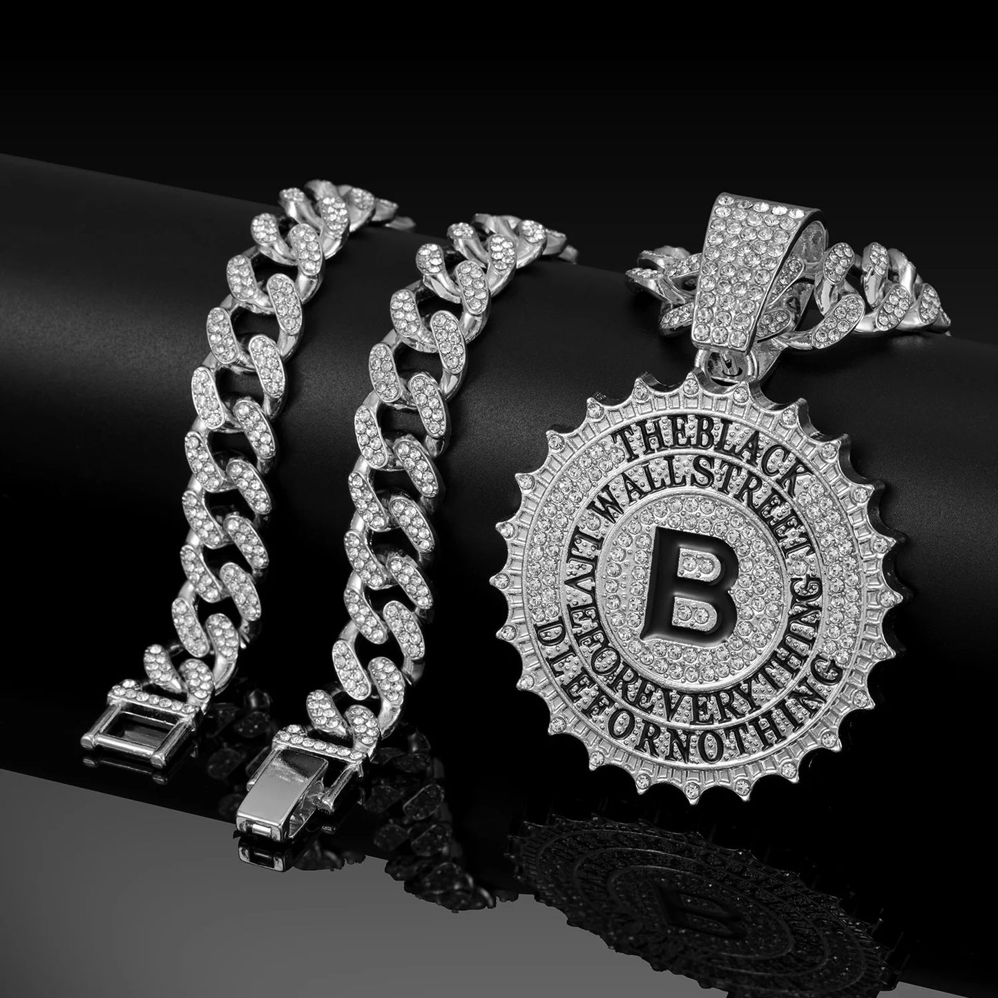 CJH Hip Hop Brand Men's Full Diamond Cuban Necklace Round B Diamond Letter Pendant Long Chain for Gift Cross-Border Supply