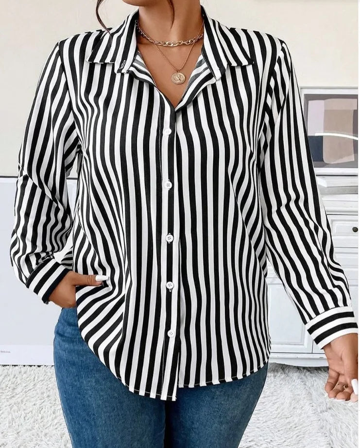 2026 Summer New Fashionable Casual Long Sleeve Striped Satin Women's Shirt, Suitable for Daily Wear, Spring and Autumn XXL Size