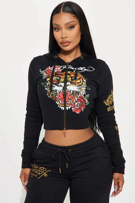 European and American Fashion Street Leisure Comfortable Painted Zipper Hoodie Positioning Printed Two-piece Women's Clothing