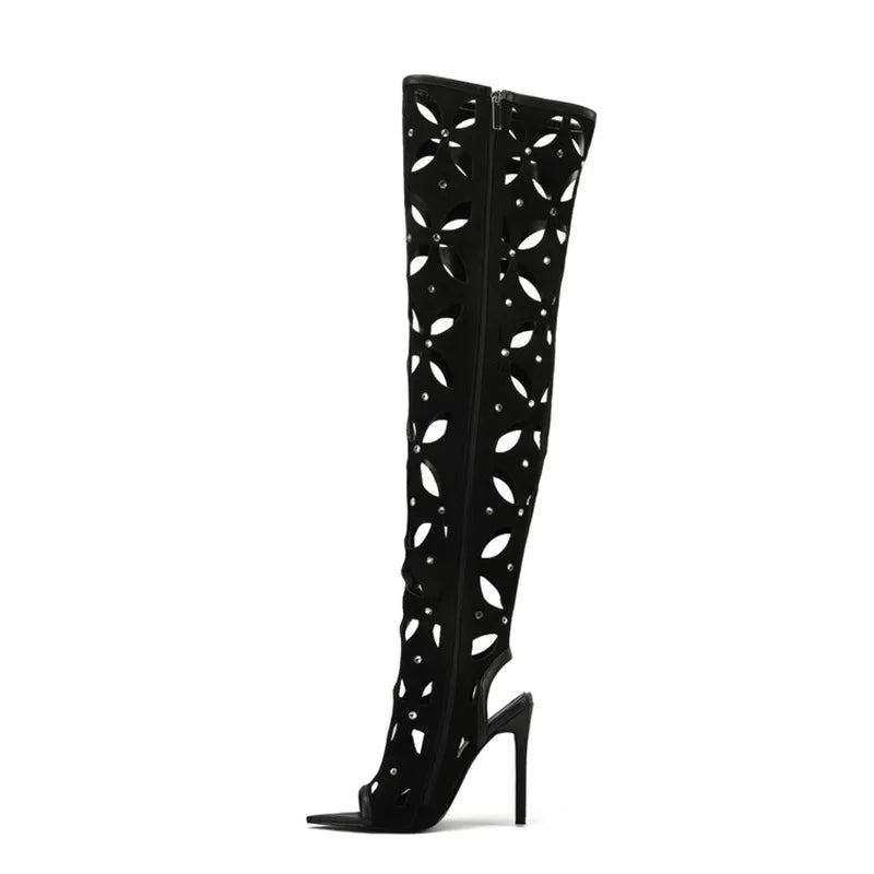 Women Wholesale Suede Cut Out Over Knee High Boots Peep Toe Stiletto Heels Diamonds Shoes Side Zipper Summer Long Booties