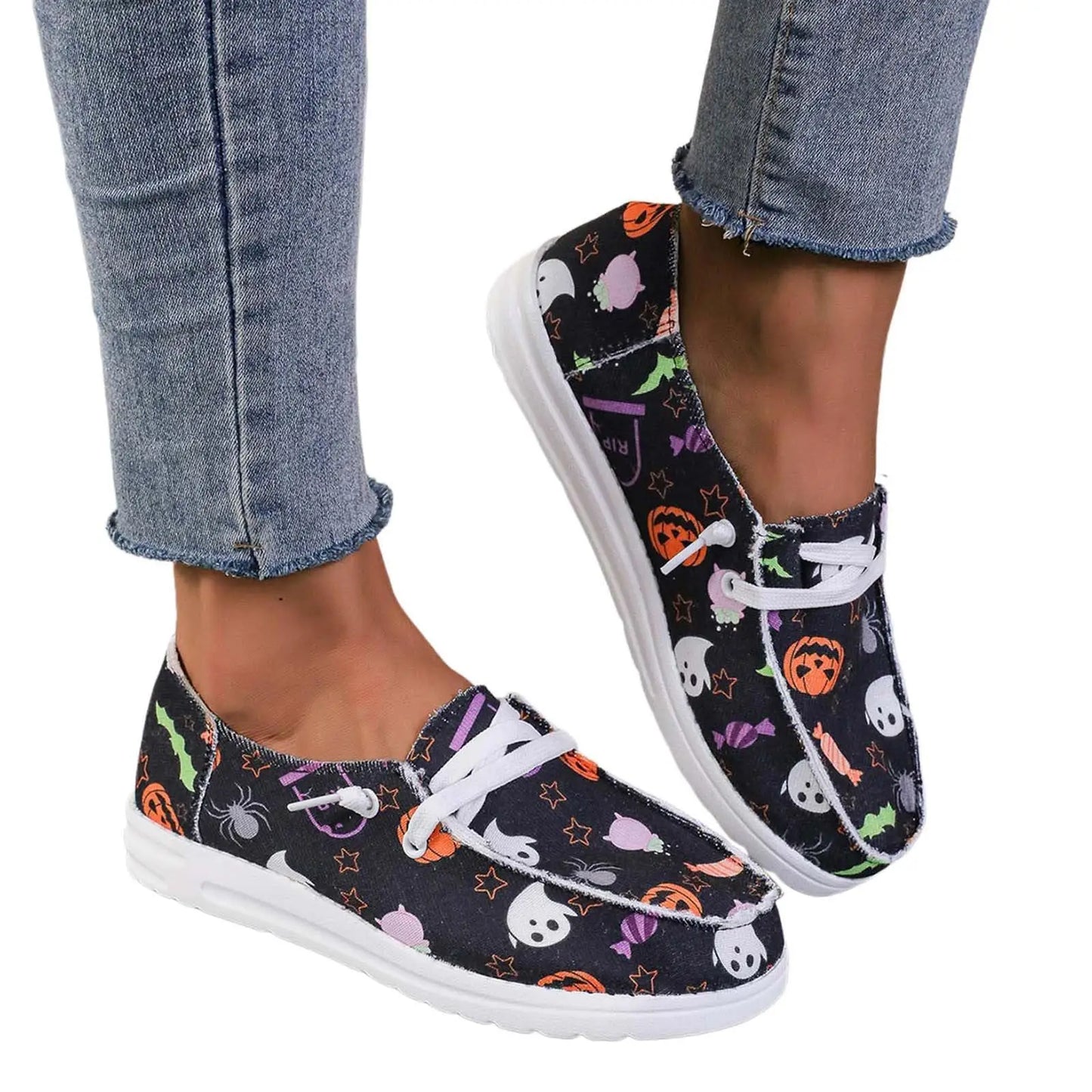 rola Halloween canvas shoes women's pumpkin print ghost pattern flat casual women's shoes