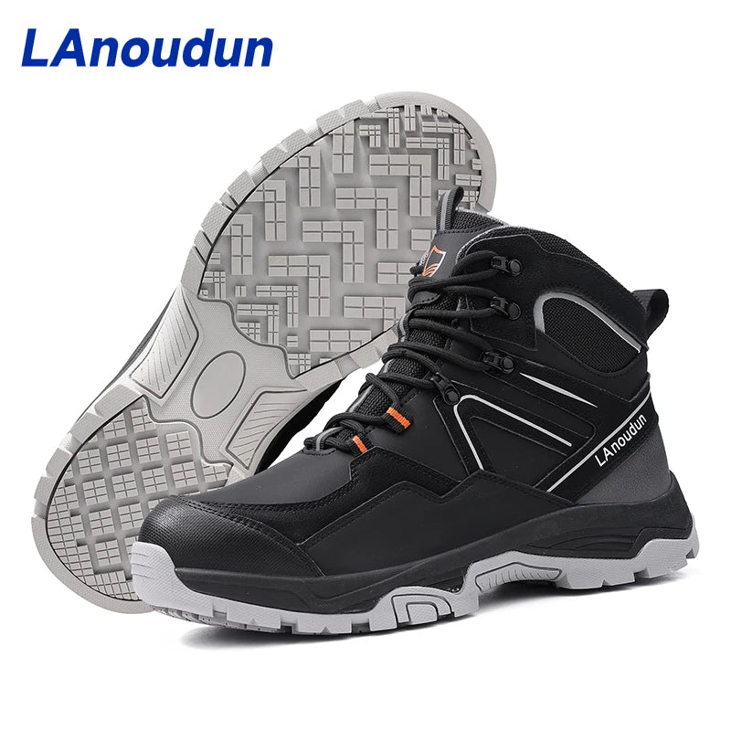 Lanoudun Building Site Safety Shoes For Men Black Steel Toe Puncture Resistant EN Steel Toe Cap Microfiber