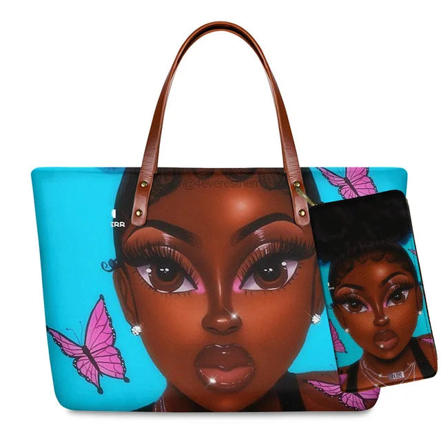 High Quality Latest Custom Pattern Women Hand Bags Black Art African Girls Printed Top Handle Tote Bag Luxury Purse for Ladies