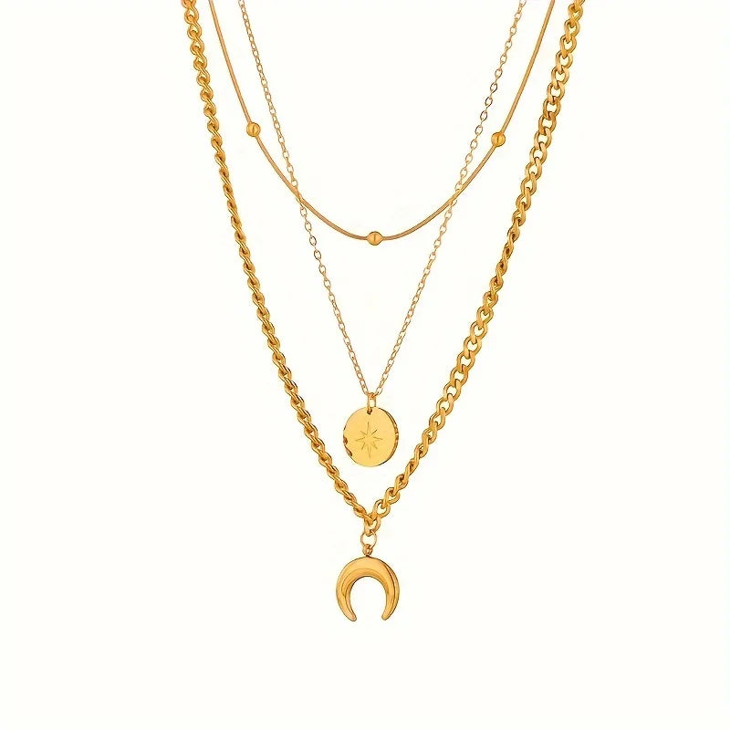 Stainless Steel Golden 3 Layer Shine Crescent Moon Pendant Necklace Women Trend Chain Neck Jewelry Gift