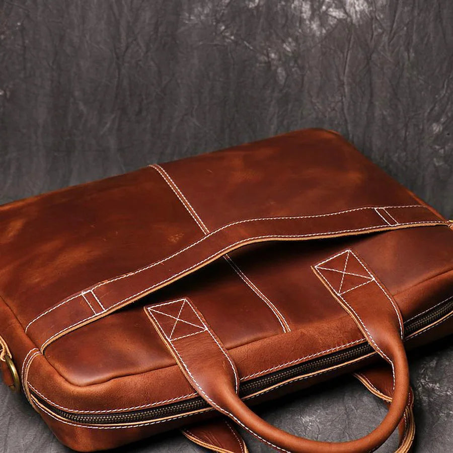 Genuine Leather Laptop Bag Crazy Horse Leather Briefcase Business Tote Bag Cowhide Mens Briefcases for Men Travel Messenger Bags