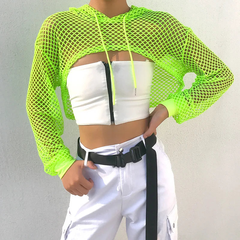 2022 New Spring  Streetwear Neon Green Mesh Fishnet Top Women Tshirt Perspective Long Sleeve Women's T-shirts Sexy Cropped Shirt