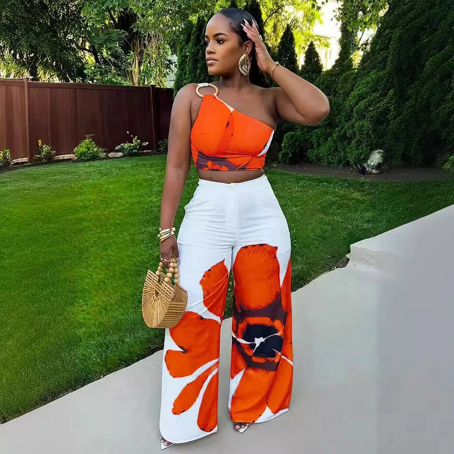 S10831 Latest Design Summer Outfits for Women Slim Single Shoulder Printed Top and Wide Leg Pants Two Piece Set for Women