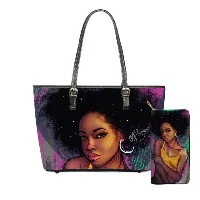 Women's Luxury Cute Afro African Girls Printed PU Leather Water Resistant Zipper Closure Tote Bag Custom Big Fancy Handbag Set
