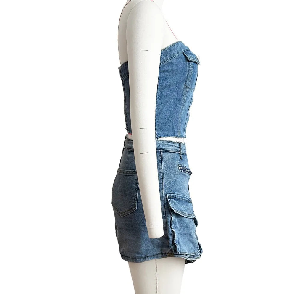 Classic Strapless Button up Backless Asymmetric Denim 2 Piece Women Short Sets Fashion