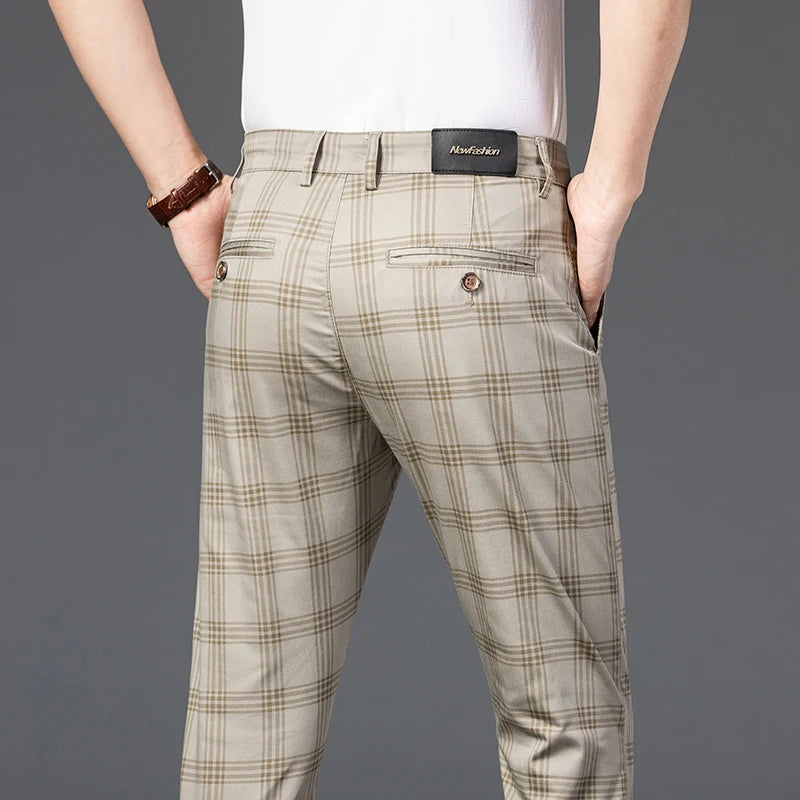 2025 Spring New Men's Plaid Casual Pants Business Fashion Slim Stretch Male Skinny Trousers Brand Clothes 7 Color