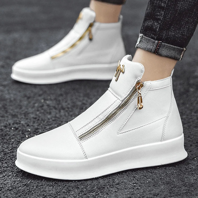 Men's High-top Boots Designer Zip Leather Sneakers White Platform Casual Shoes