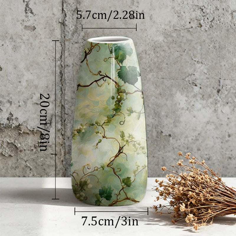 1pc Ceramic Vase Hand Painted Green and Yellow Floral Pattern on White Background, Elegant and Beautiful for Modern Home Decor