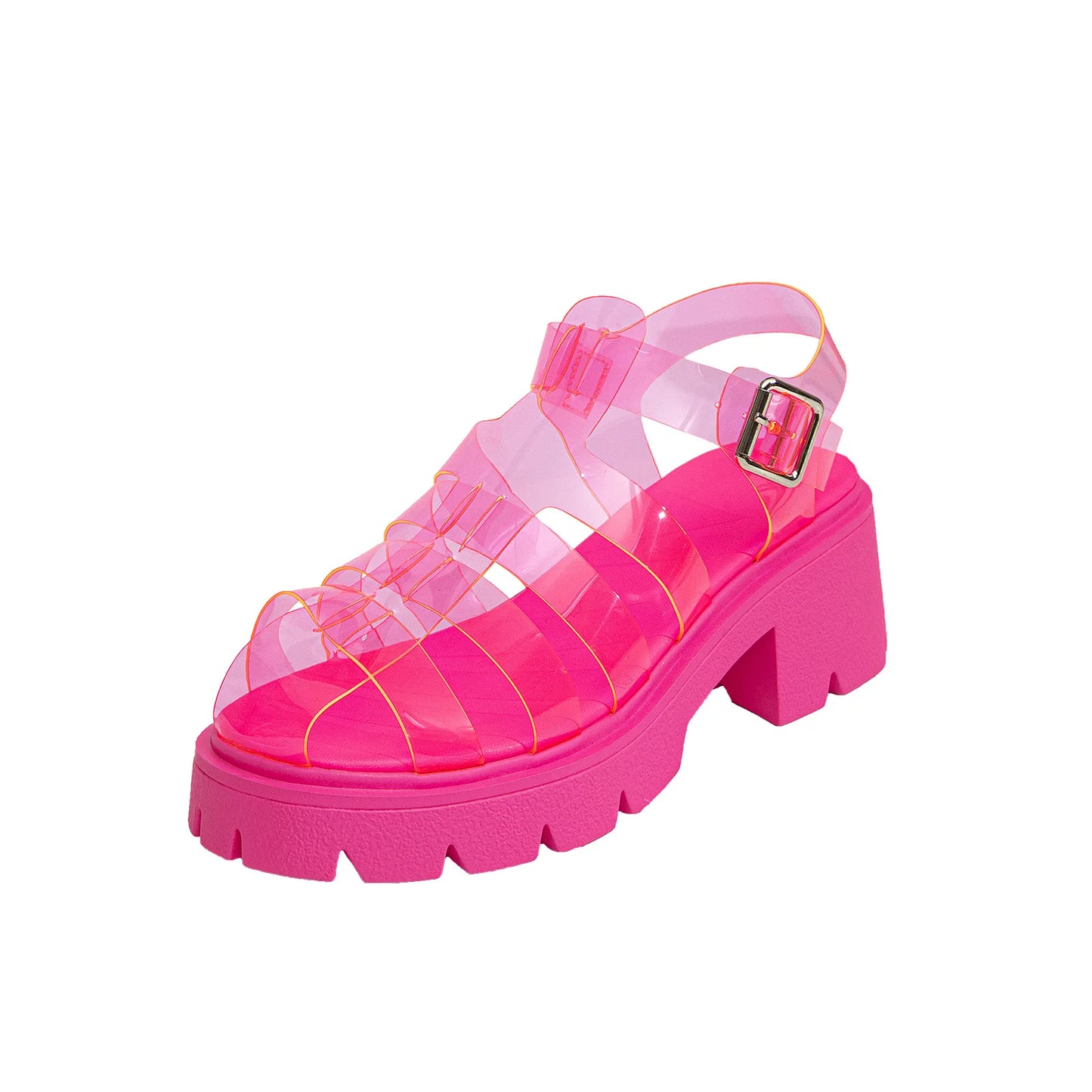 Transparent PVC 2023 Summer New Fashion Women's Roman Sandals Thick Sole Flat Heel Platform Beach Shoes Rose Green Big Size 41